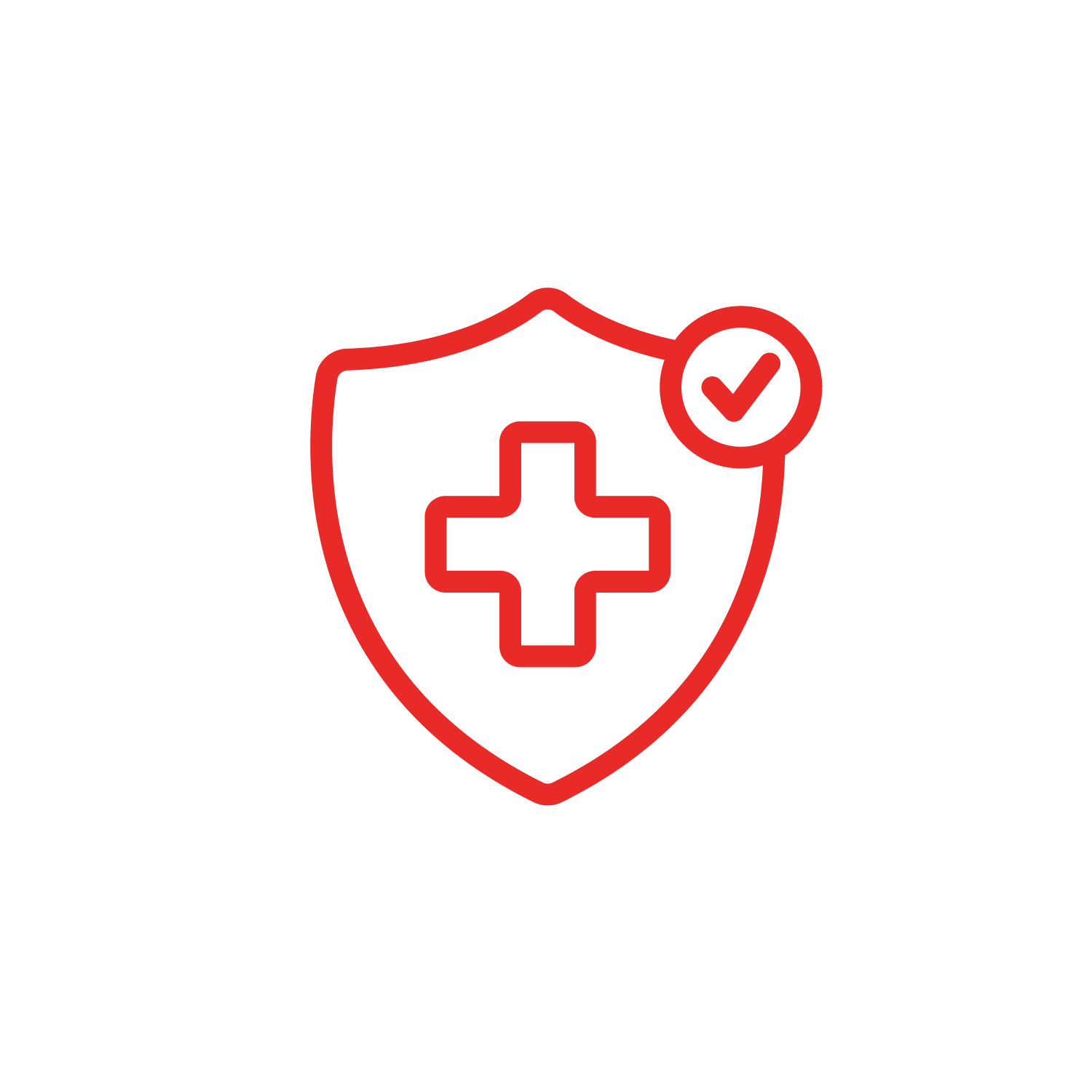 Icon of a shield with a medical cross in the center and a check mark in a circle on the upper right side, symbolizing health protection or medical security.