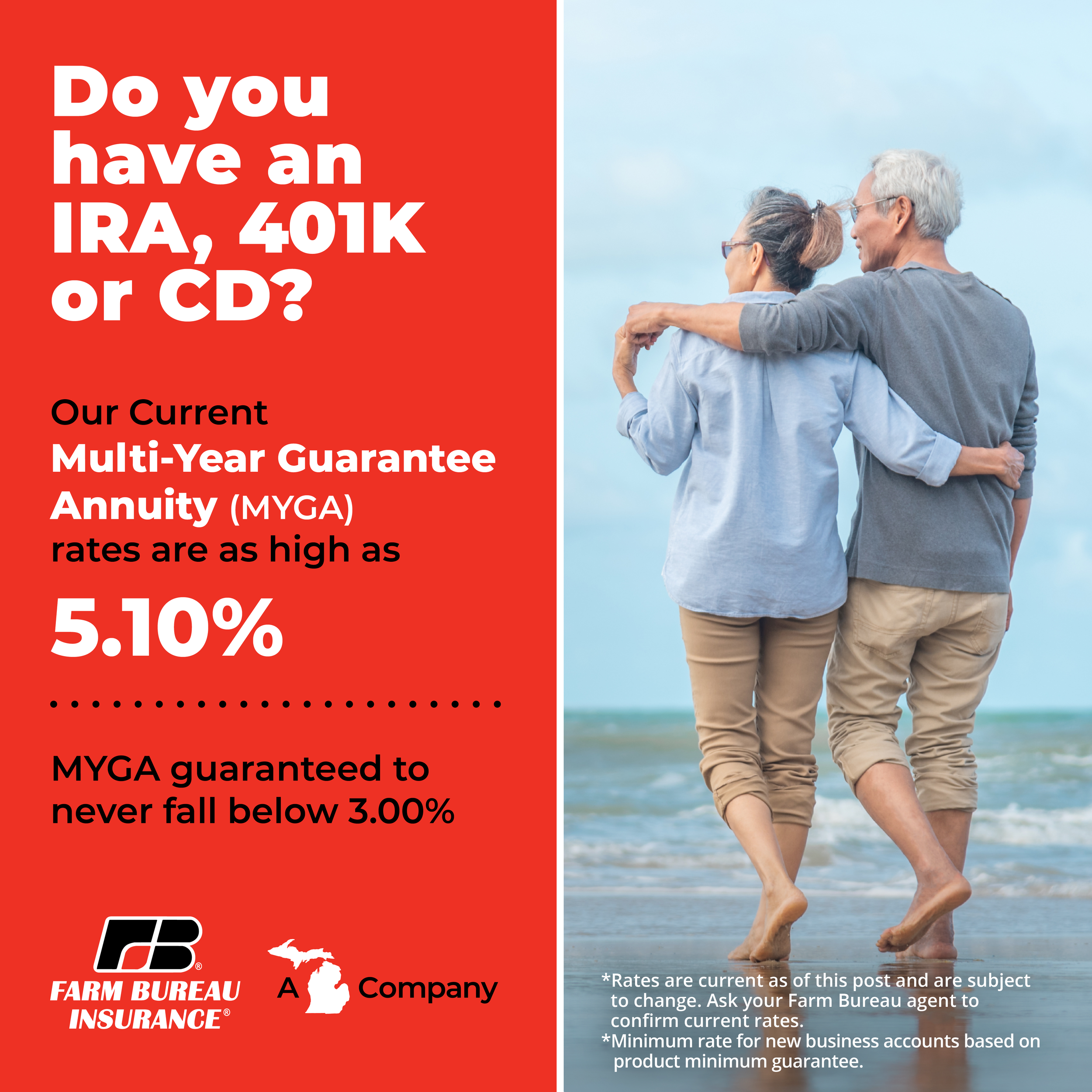 A couple walking on the beach holding each other, sea and sky in the background. The left side of the image contains promotional text for IRA, 401K, or CD investment options from Farm Bureau Insurance, with details about rates, guarantees, and conditions.