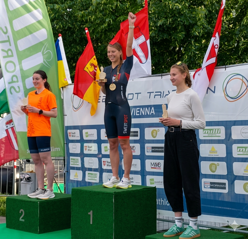 Drei junge Frauen auf einer Siegerehrung, die auf einem Podest stehen. Die mittlere Frau, die Erste wurde, hebt eine Hand in einer Siegesgeste, trägt eine Medaille und hält eine Statue. Die Frau links ist Zweite und trägt eine Medaille, die Frau rechts ist Dritte. Es gibt mehrere flaggen im Hintergrund, darunter die Schweizer Flagge, die österreichische Flagge, die deutsche Flagge und eine gelbe Flagge. Die Veranstaltung findet in Wien statt.