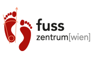Logo mit roten Fußabdrücken und schwarzem Text 'fuss zentrum[wien]'