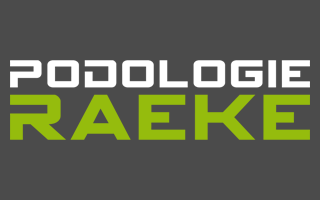 Logo mit dem Text "Podologie Raeke" in weiß und grün auf dunklem Hintergrund.