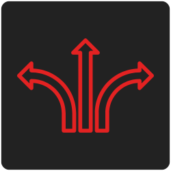 Ein schwarzes Verkehrszeichen mit roten Pfeilen, die in verschiedene Richtungen zeigen: links, geradeaus, rechts und links oben.