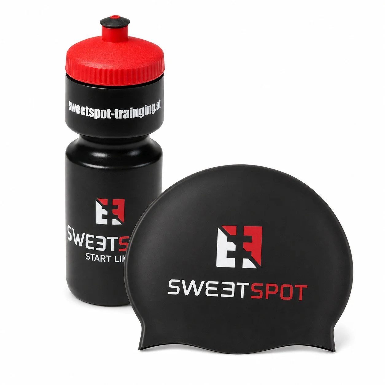 sweetspot bundle swim starter wasserflasche und badehaube in schwarz