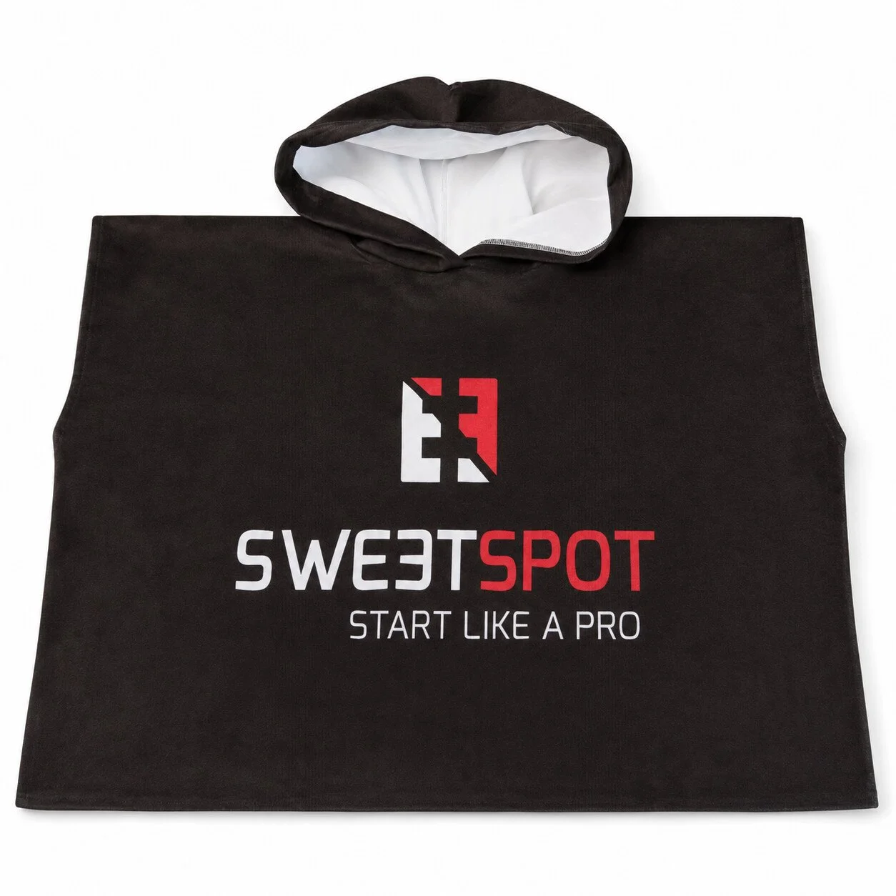 Schwarzer Sweetspot Changing Poncho mit Kapuze und Frontprint. Unisex, Einheitsgröße – für Training und Wettkampf.