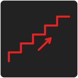 Auf schwarzem Hintergrund eine rote aufsteigende Treppenlinie mit Pfeil, die einen Aufstieg symbolisiert.
