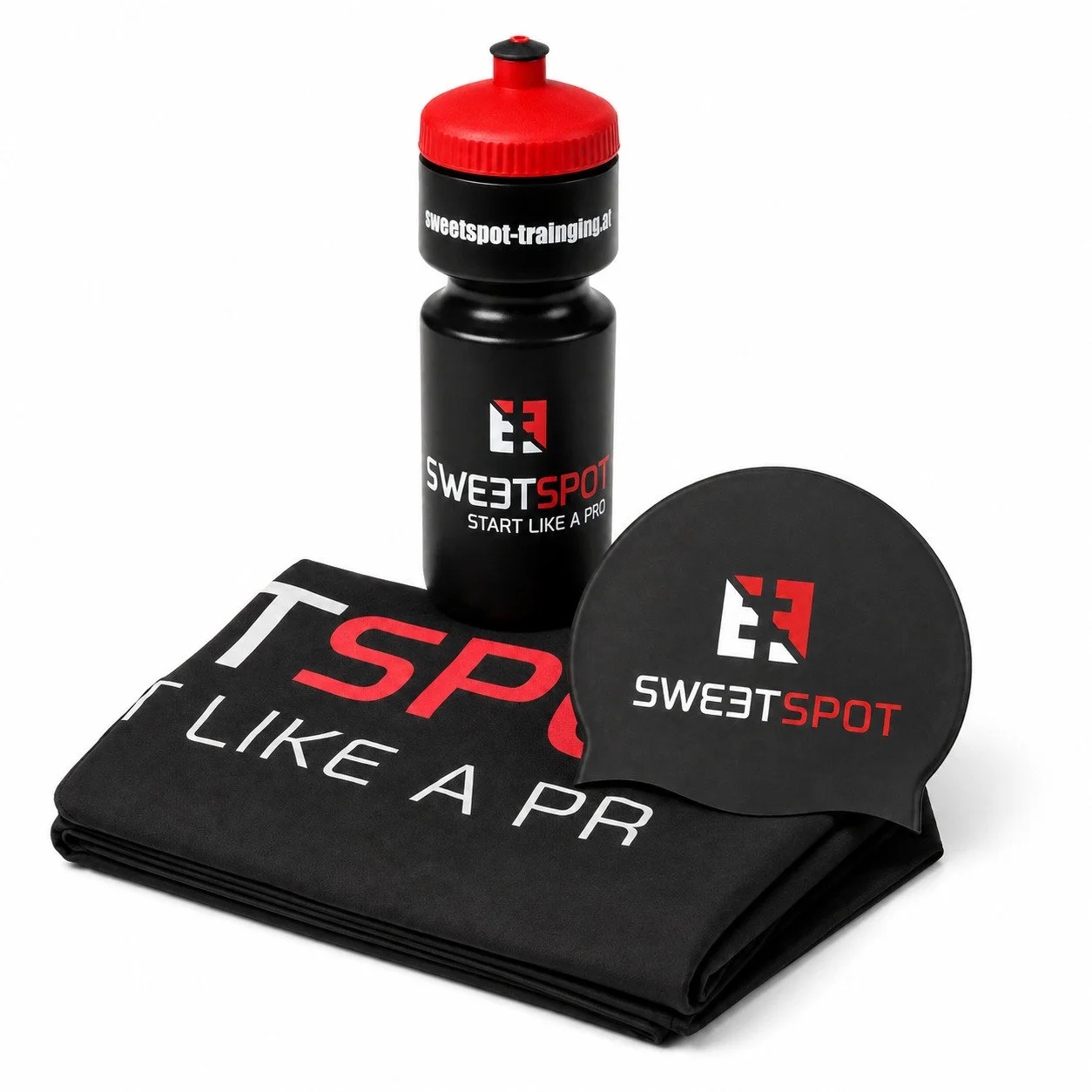 sweetspot bundle pool day bundle trinkflasche, badehaube, handtuch, und für triatholon