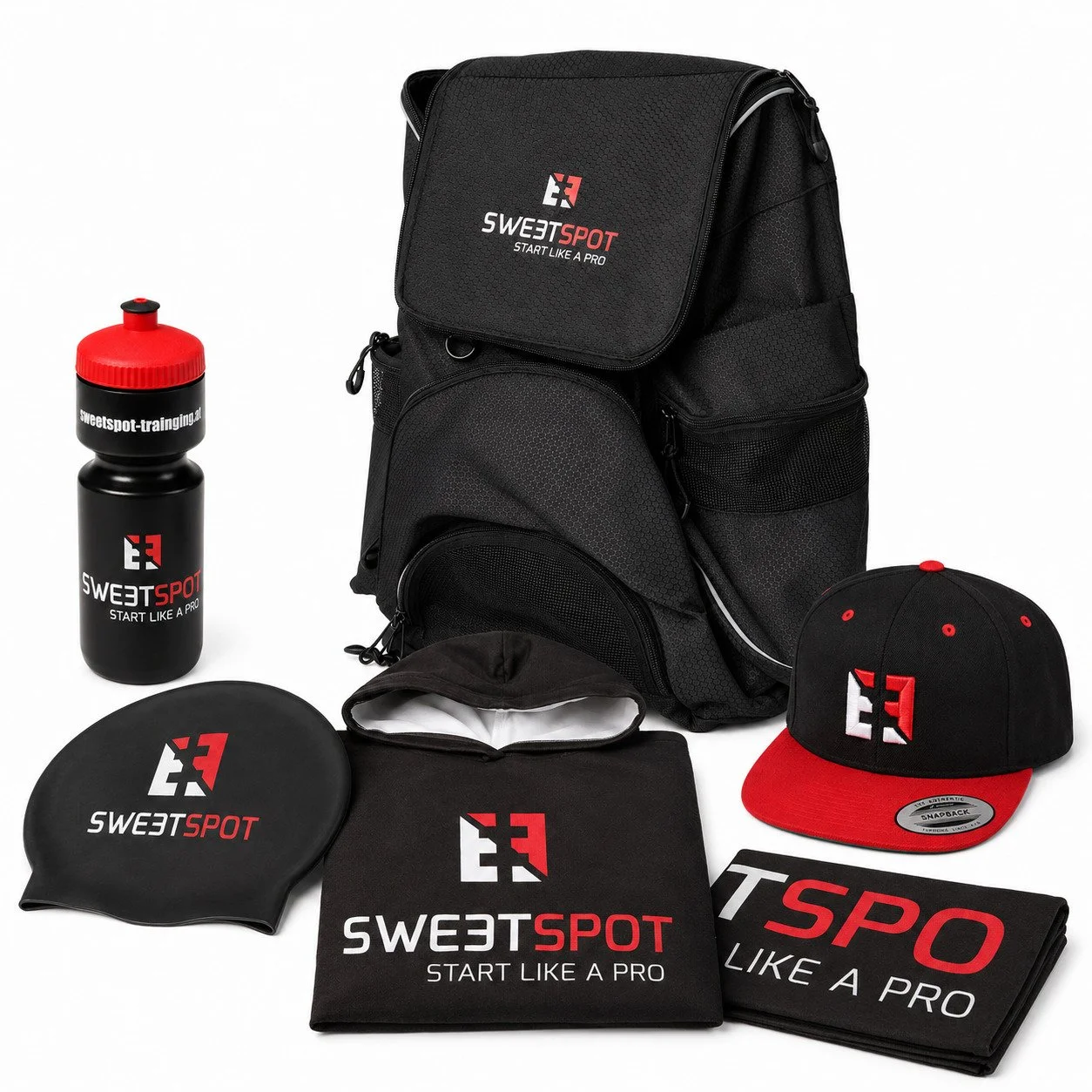 sweetspot bundle complete pack, trinkflasche, badehaube, handtuch, poncho und cap und backpack trotman für triatholon