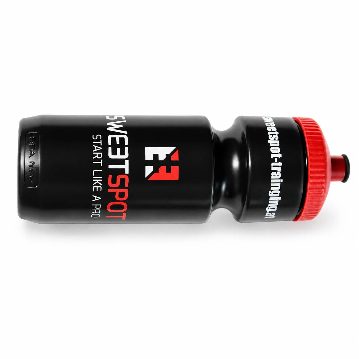 Schwarze Sweetspot Sportflasche mit rotem Zugverschluss und markantem Branding – für Training, Pool und Wettkampf. SweetSpot Performance Training