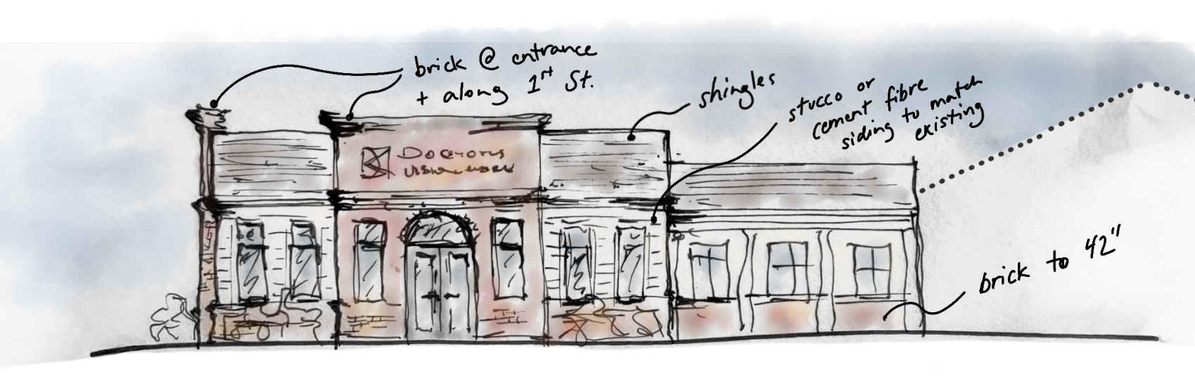Sketch of a building with notes indicating brick at the entrance, shingled roof, cement siding, and brick height up to 42 inches.