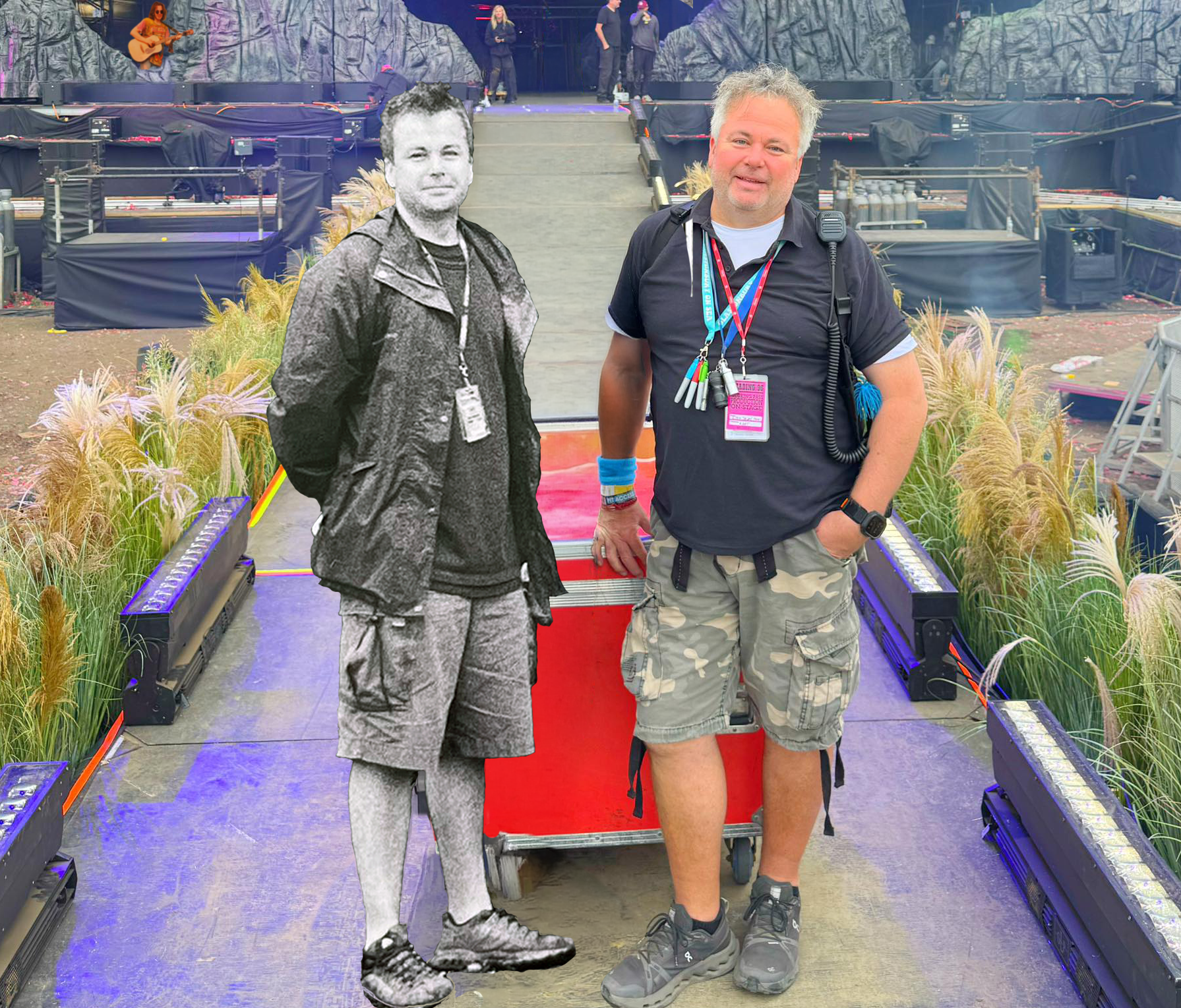 A photo collage. Right to Left: Ritch Ames stage managing at the Reading Festival 2025, Ritch Ames stage managing at the Reading Festival 1996, onstage at the back, Ritch Ames at the Reading Festival 1991.