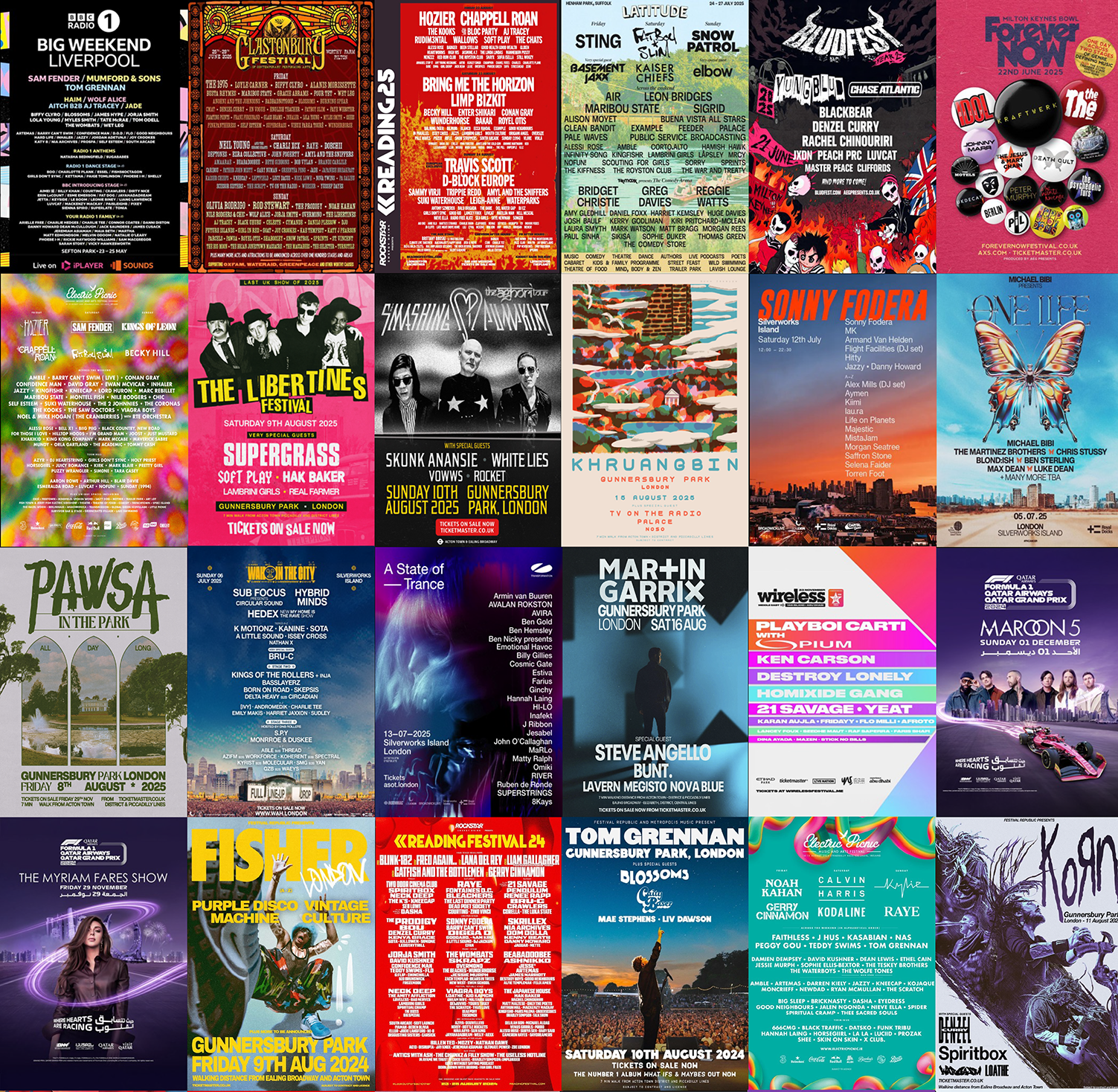 A collage of Music festival, concert and live event posters that Ritch Ames has stage managed at recently, including Glastonbury Festival, Reading Festival, Latitude, BBC Radio One's Big Weekend and Wireless.