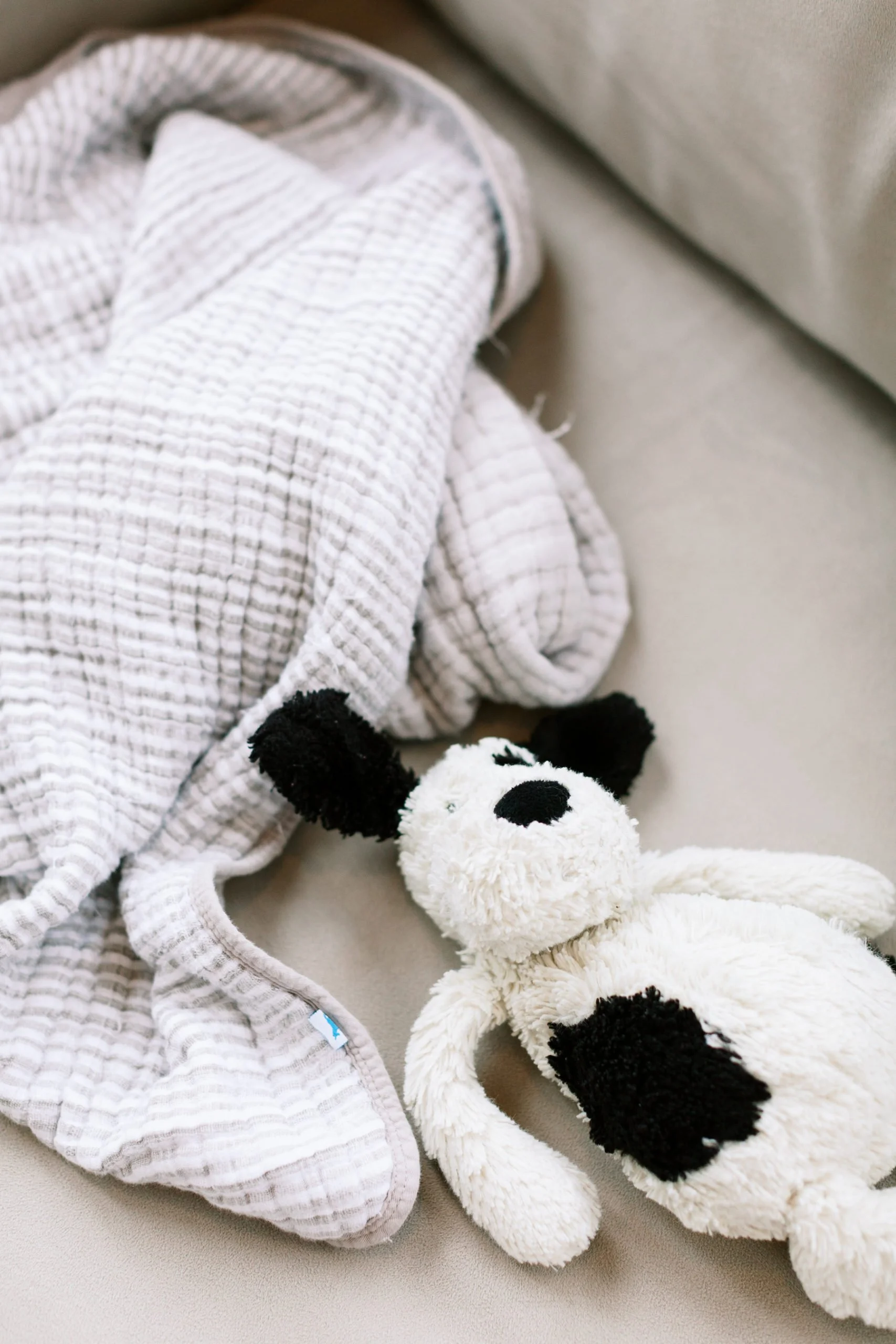 A stuffed dog toy lying next to a soft, textured blanket on a sofa.