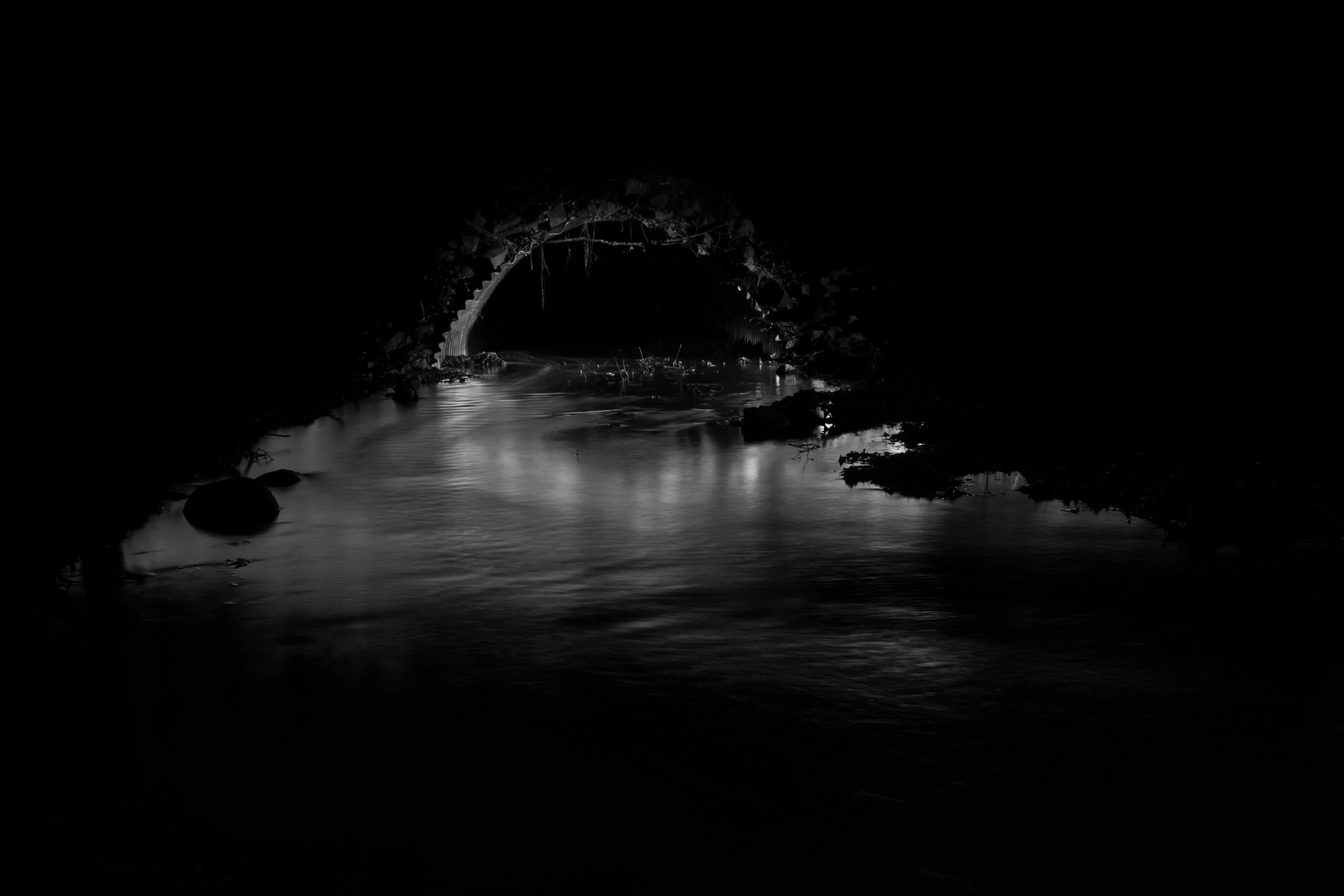 Void
A culvert is consuming a stream in a northern Wisconsin forest. The arch reflects in the water below. What enters does not return.