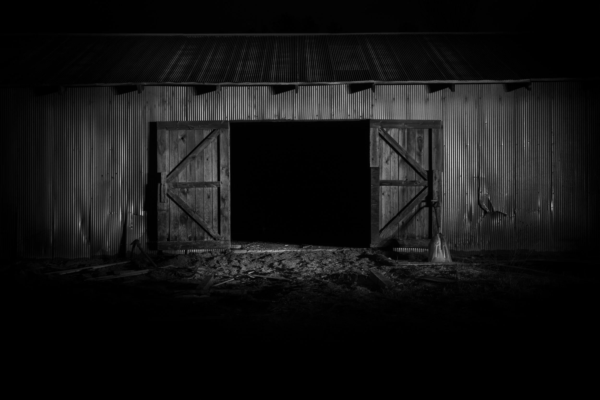 Entry
An abandoned sawmill shed, northern Wisconsin. The doors are still open. Nothing left to enter. A shovel leans against the right door. The last human trace.