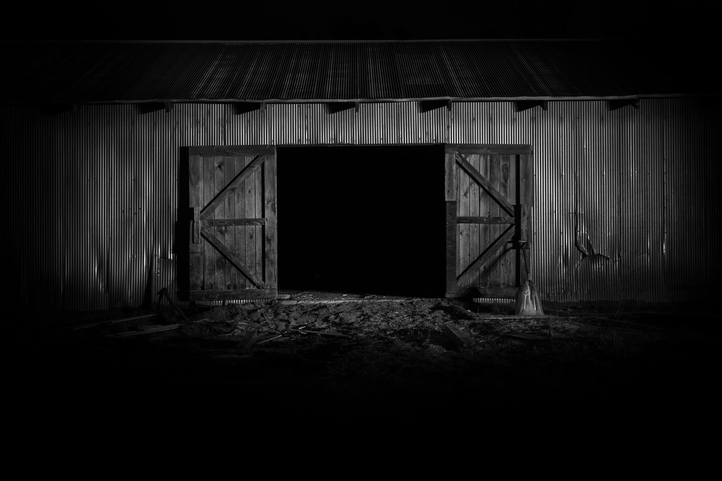Entry
An abandoned sawmill shed, northern Wisconsin. The doors are still open. Nothing left to enter. A shovel leans against the right door. The last human trace.
