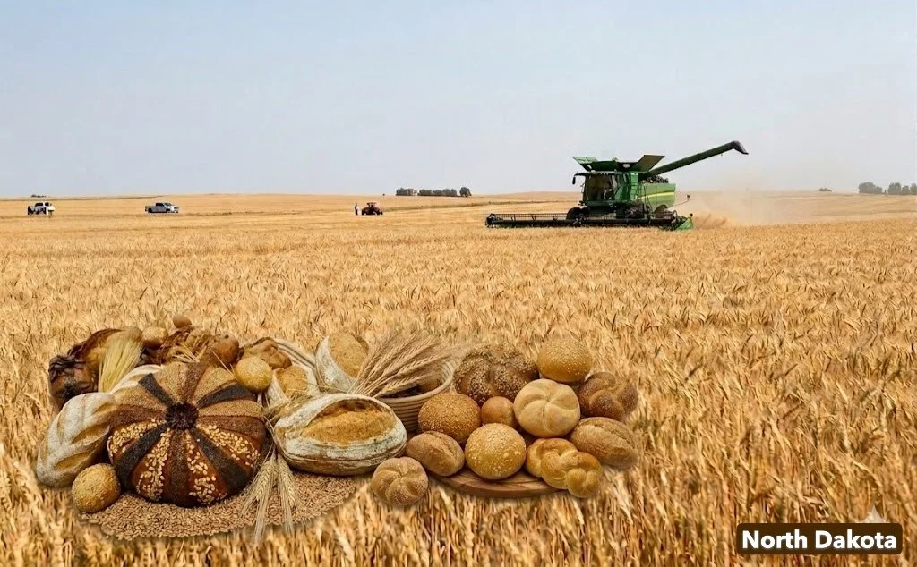Wheat harvest field in North Dakota with a combine harvester in action. In the foreground, there are various baked bread and pastry items including rolls, bread, and bread bowls.