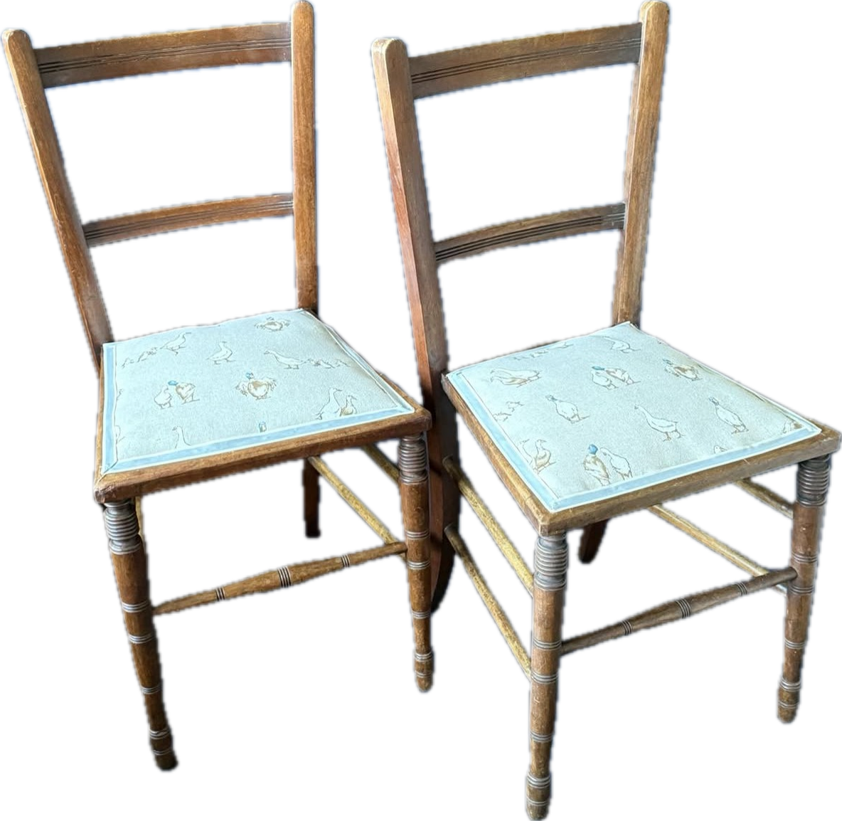 Two wooden chairs with padded seats featuring duck patterns.