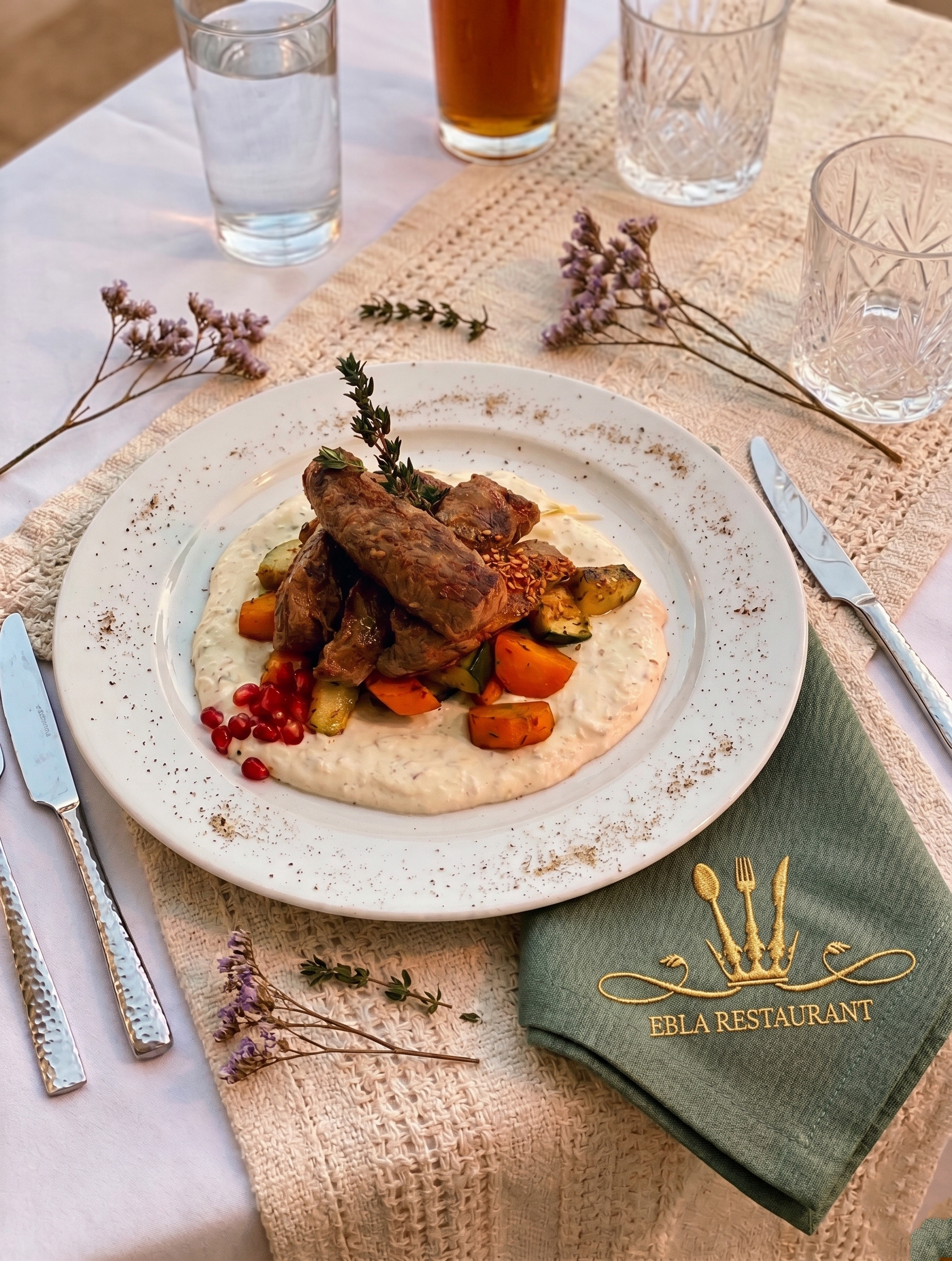 Ein Teller mit geschmortem Fleisch, Gemüse und Joghurt auf einem festlich gedeckten Tisch mit Gläsern, Silberbesteck, Lavendelzweigen und einer grünen Serviette mit goldenem Wappen und der Aufschrift "EBLA RESTAURANT".