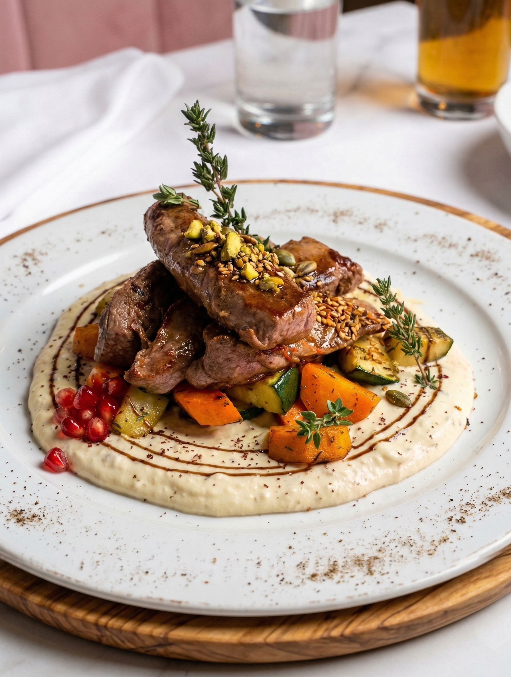 Auf einem weißen Teller auf einem Holzbrett ist Lammkeule auf einem cremigen Püree mit gerösteten Gemüse, Limette und roten Beeren, garniert mit einer Zweig Rosmarin. Das Gericht wird mit einer dunklen Soße garniert, der Rand des Tellers ist leicht g