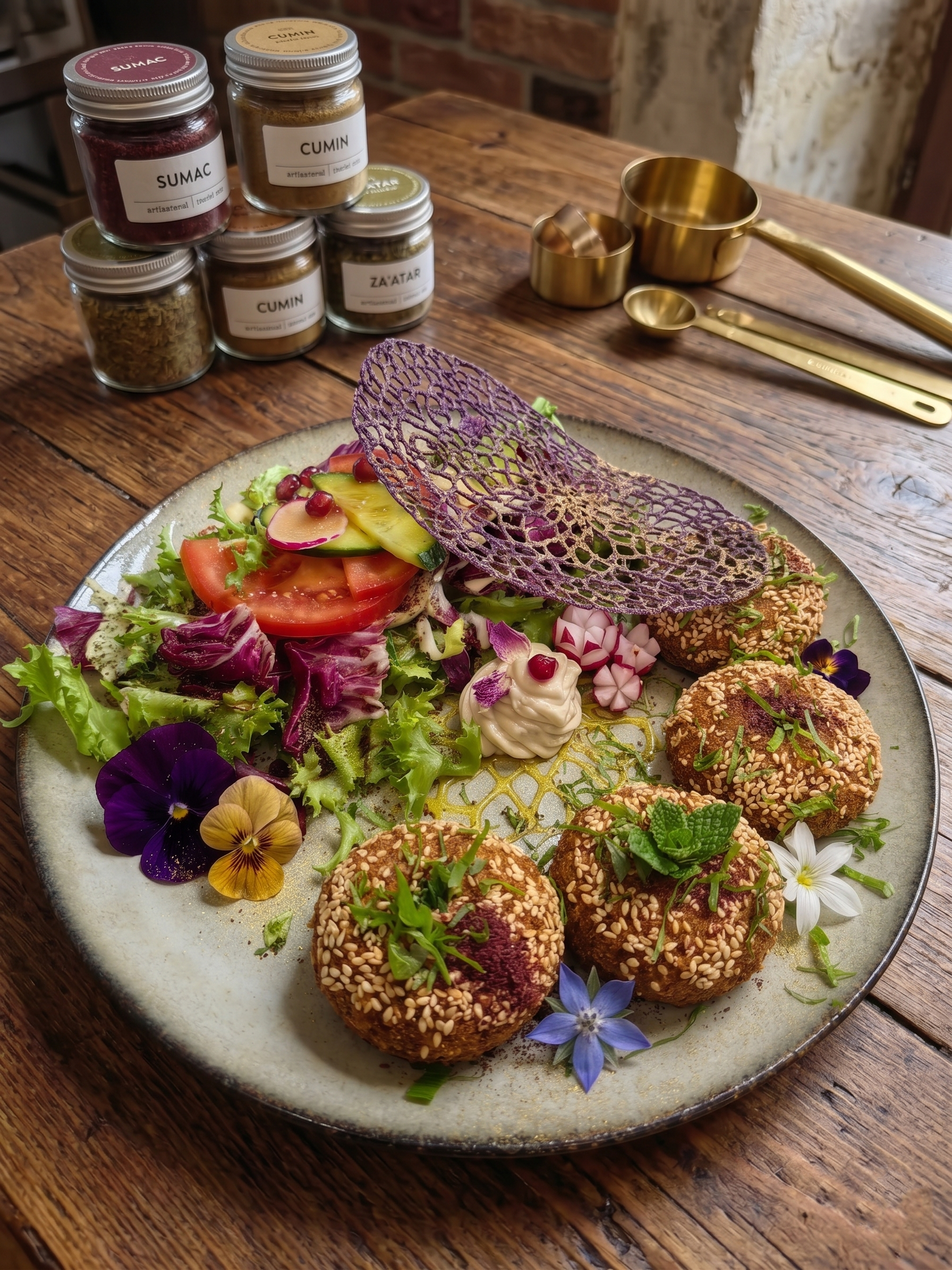 Ein Teller mit einer bunten Mahlzeit, bestehend aus Salat, Tomaten, Radieschen, Gurken, einer essbaren Filigran-Garnierung, Sesamkrakern und essbaren Blumen, auf einem Holztisch. Im Hintergrund sind Gewürzgläser und Küchenutensilien zu sehen.