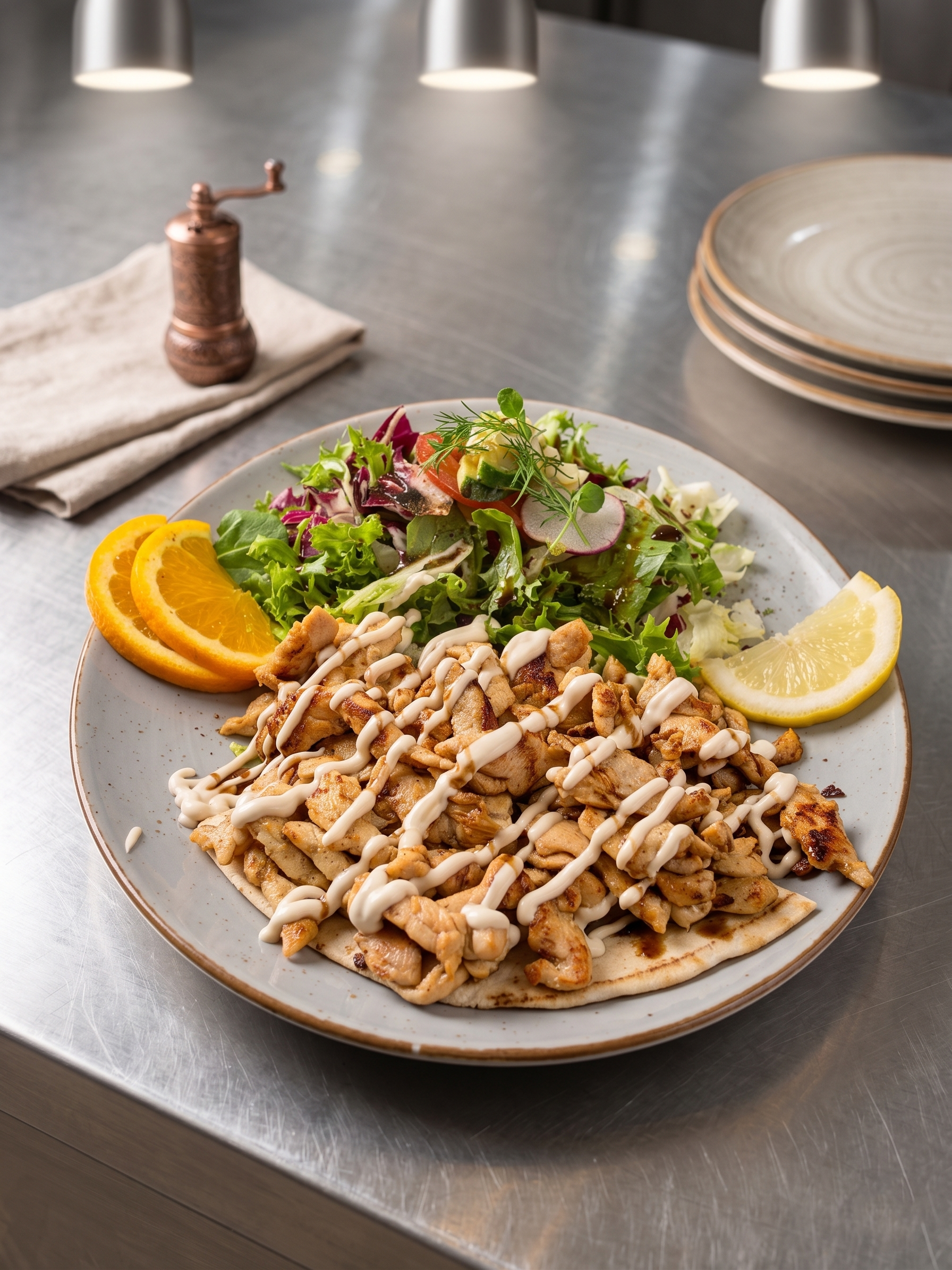 Ein Teller mit gegrilltem Hühnchen, gemischtem Salat, Gurken, Tomaten, Radieschen, Zitronenscheiben und Orangenscheiben, serviert auf einem Tisch mit einem Napf mit mehreren leeren Tellern im Hintergrund.