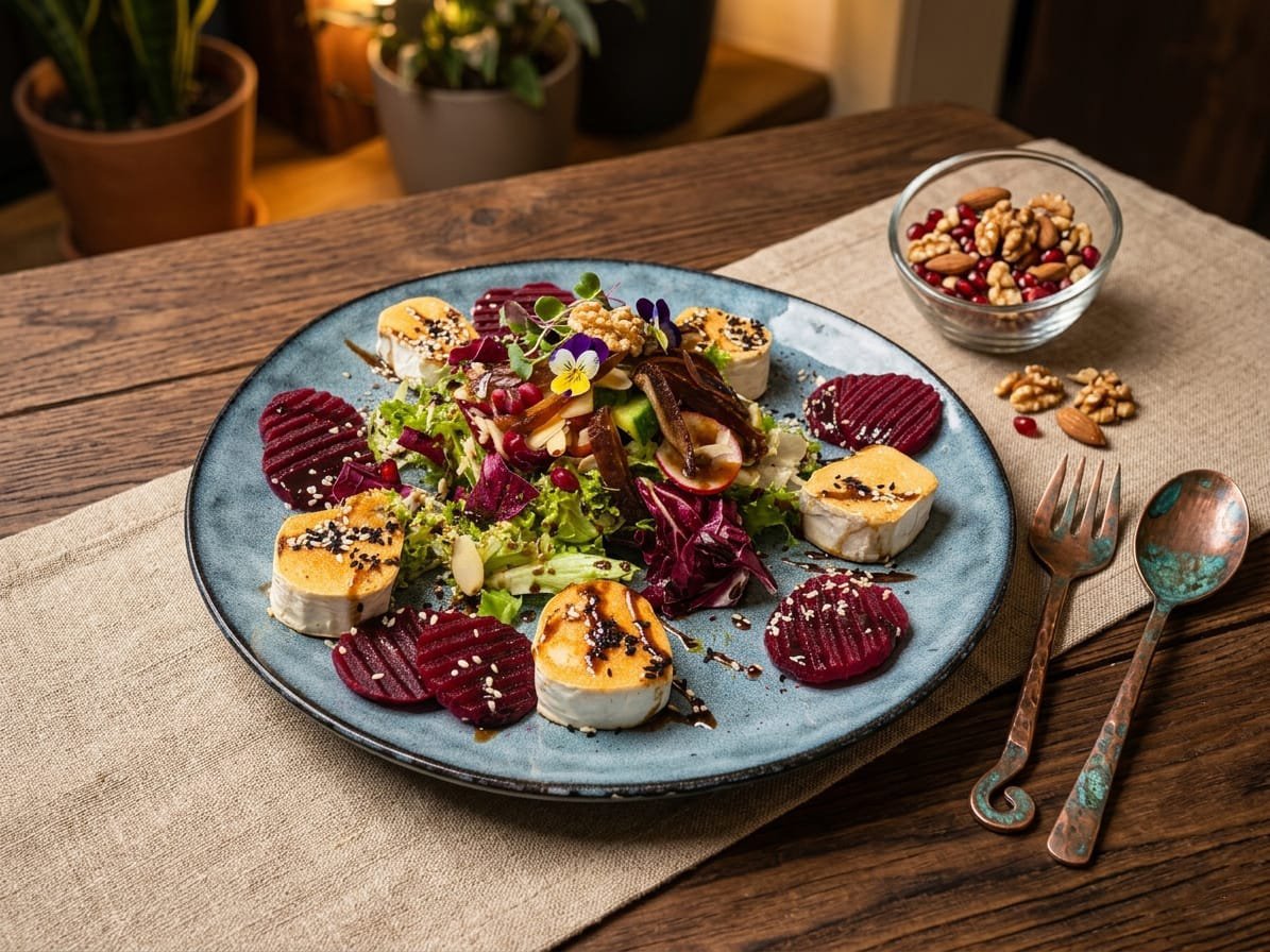 Bunter Salat mit Käse, Beet, Nüssen, Sprossen, Blüten und Balsamico-Glasur auf einem blauen Teller, daneben eine Schüssel mit Nüssen und Granatapfelkernen auf einem beigen Tuch auf einem Holz Tisch.