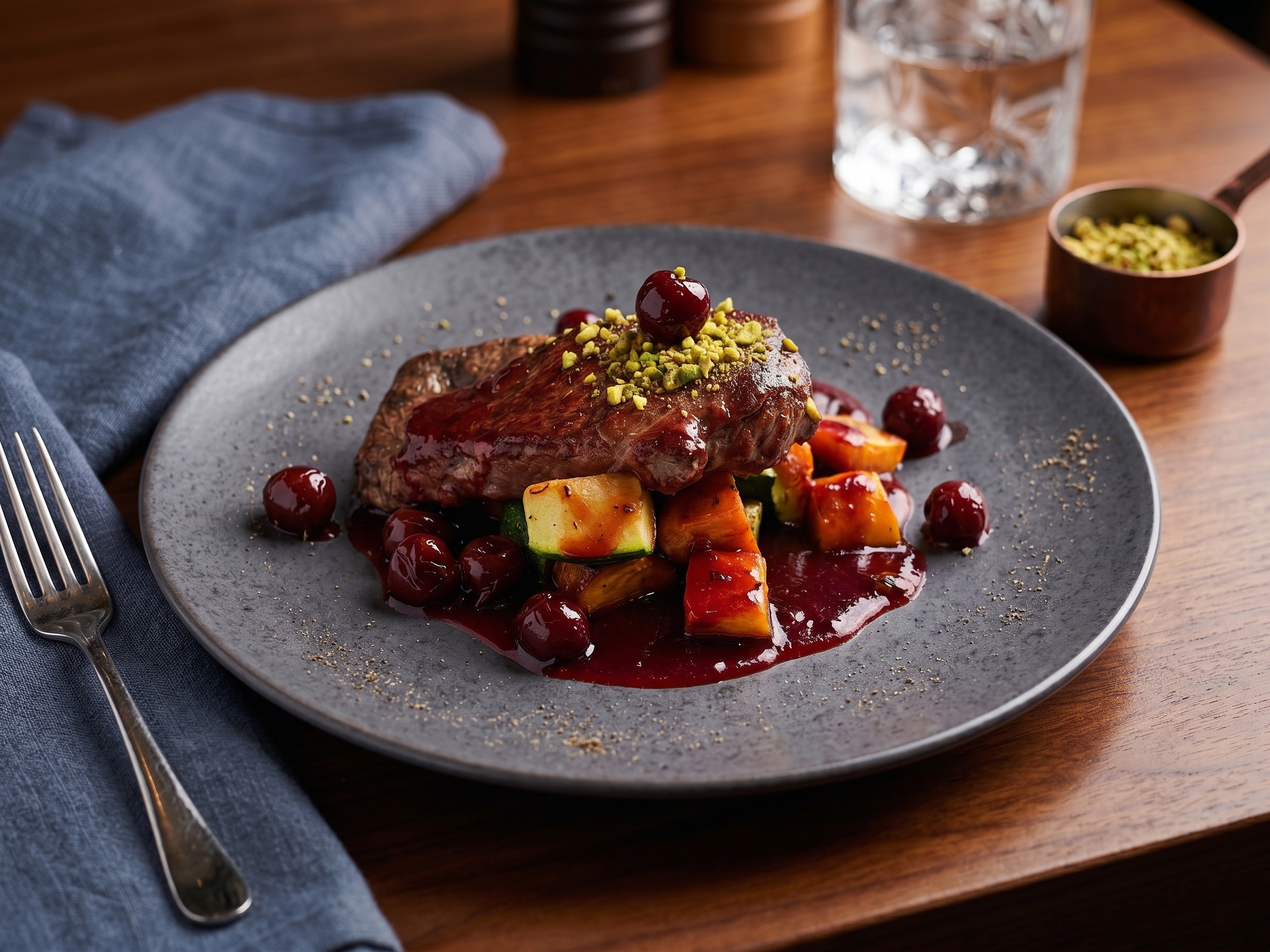 Ein Teller mit einem gekochten Rinderbraten, garniert mit Kirschen, gehackten Pistazien, und serviert mit gebratenem Gemüse, auf einem grauen Teller auf einem Holztisch.