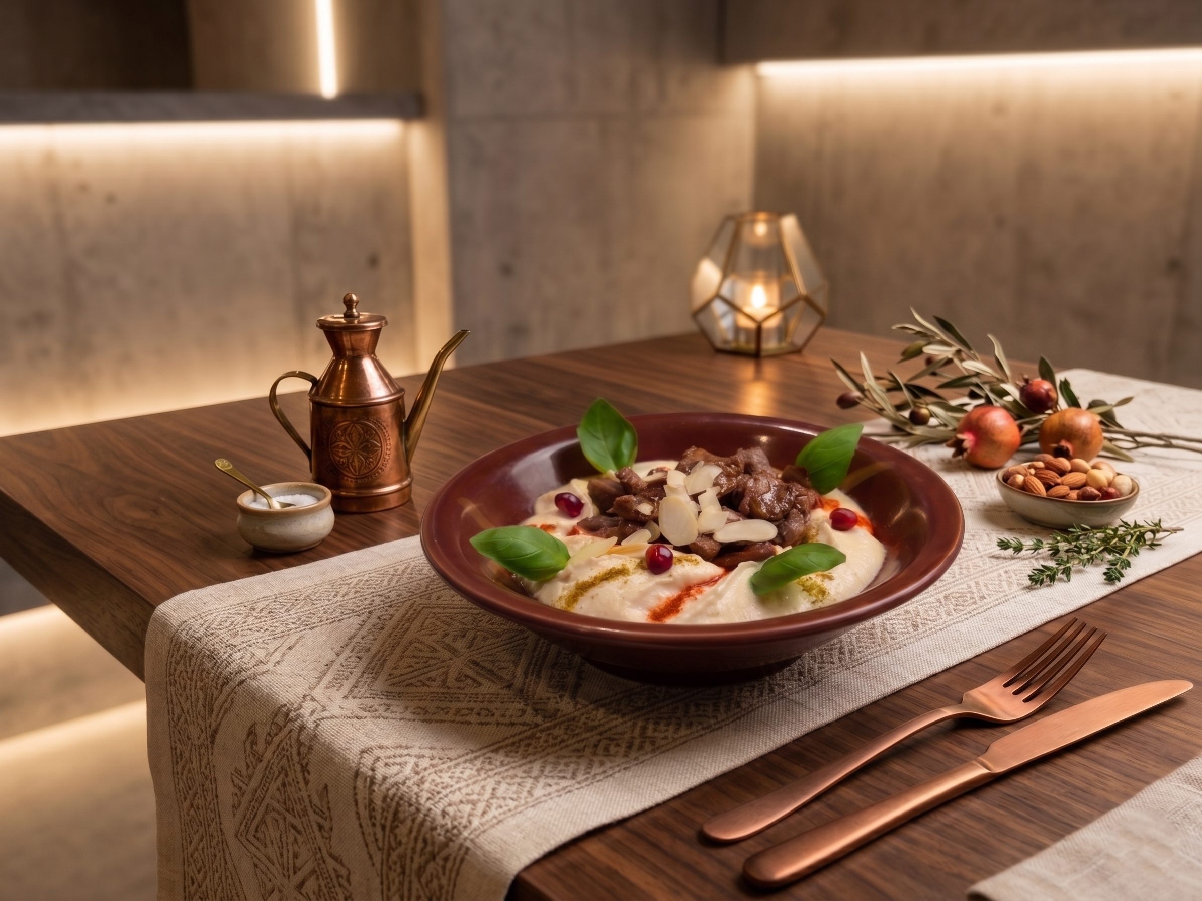 Ein gedeckter Esstisch mit einem großen Teller mit einem Gericht, einer Salatschüssel mit Nüssen, einem Kupferkännchen, einem kleinen Schälchen mit Salz, einem Kerzenhalter, einem Blattsalat, und einer weißen Tischdecke, vor einem verschwommenen Hint