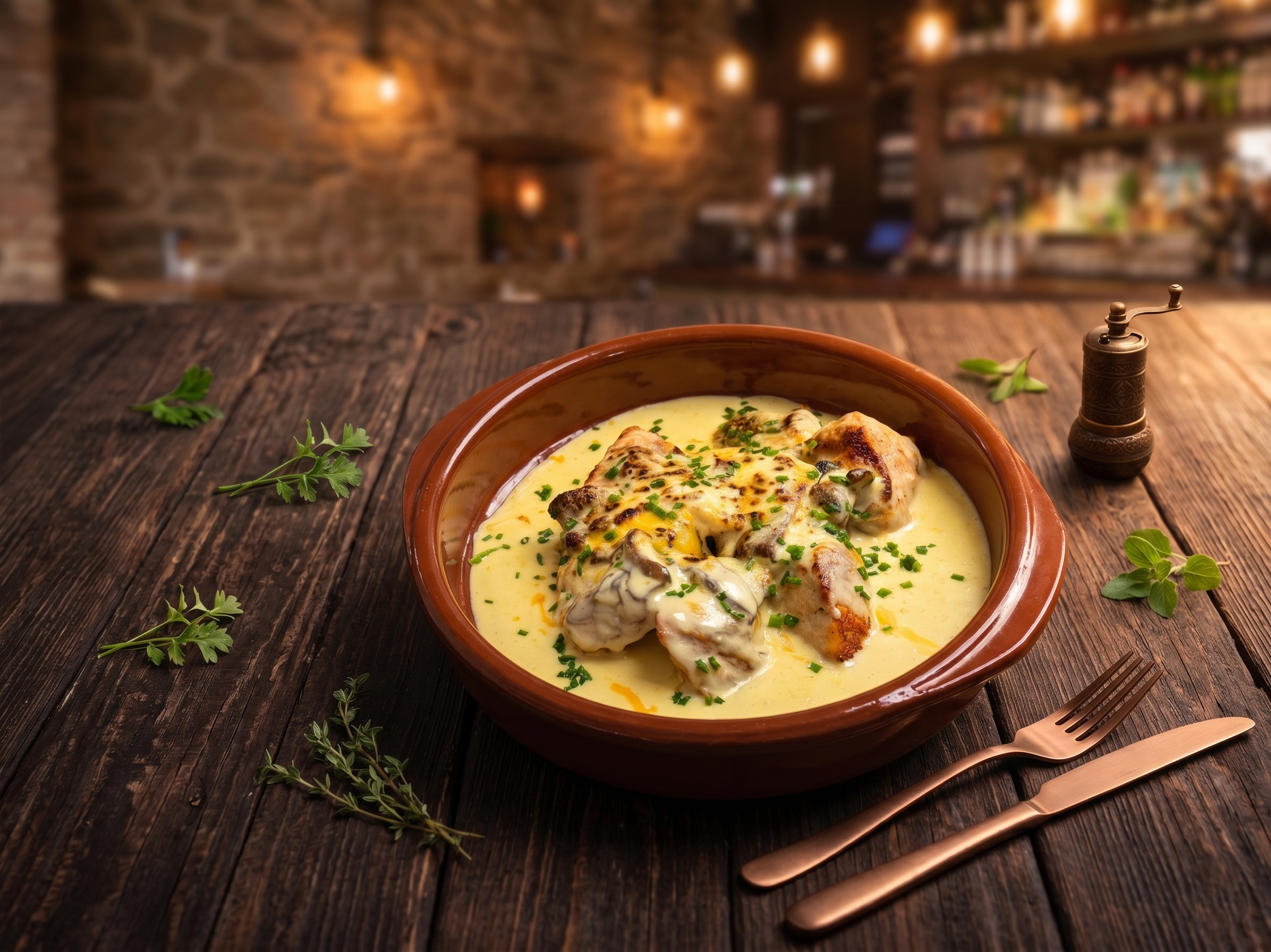 Ein Schüssel mit cremiger Hähnchen-Pilz-Carbonara vor einem rustikalen Holztisch, dekoriert mit frischen Kräutern und Besteck, in einer gemütlichen Eckkneipe mit Brick-Wank-Wänden und warmem Licht.