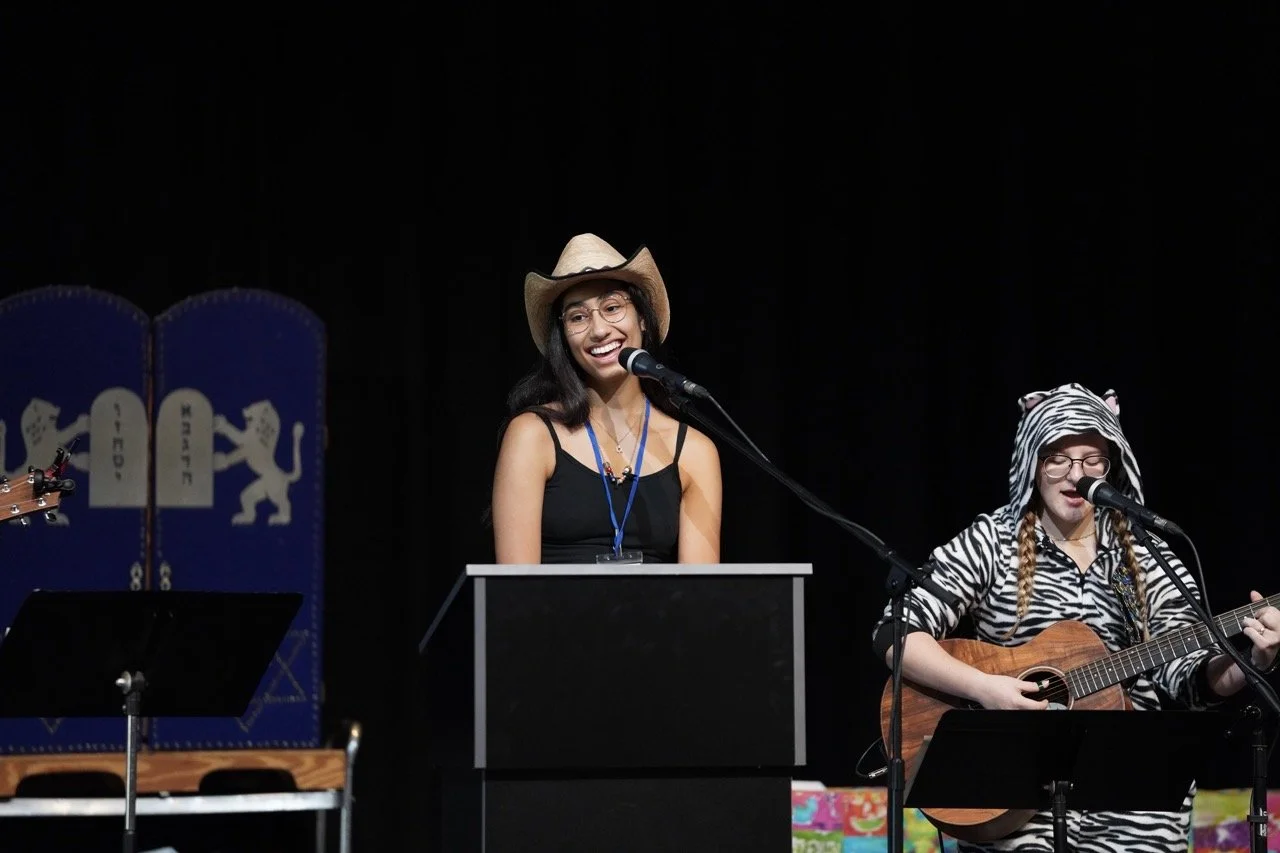 Two young women performing on stage; one is singing into a microphone, wearing glasses, a cowboy hat, and a black top, while the other is playing an acoustic guitar, dressed in a zebra costume with a hood, also singing into a microphone.