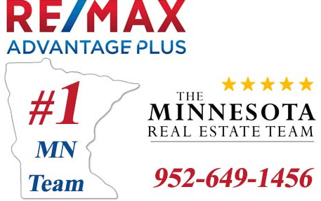 A logo for RE/MAX Advantage Plus, Minnesota Real Estate Team, with a stylized outline of the state of Minnesota, the text '#1 MN Team' in red and blue, stars indicating quality, along with contact number 952-649-1456.