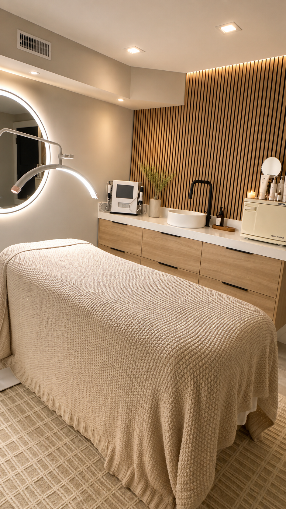 A modern spa or massage room with a massage table covered in a beige textured blanket, a lit circular mirror on the wall, a wooden vanity with skincare products, a sink with black faucet, and a wood-paneled accent wall with warm lighting.