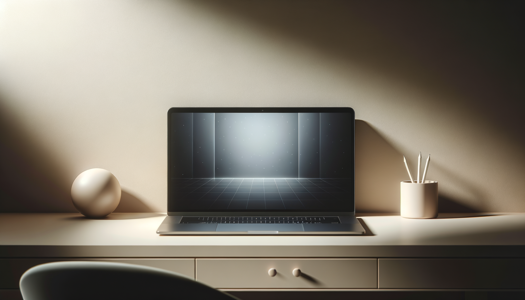 A desk with a laptop, a white spherical object on the left, and a white container holding three pencils on the right, with sunlight casting shadows on the wall.