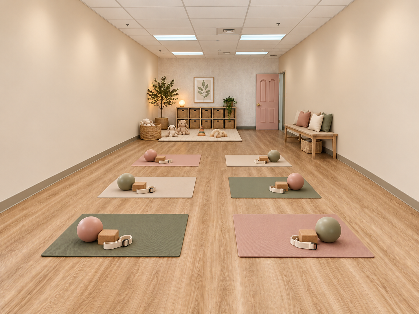 A meditation or yoga studio set up with six mats placed in two rows of three, each with a yoga ball, yoga blocks, and straps. The room has light wood flooring, neutral-colored walls, a pink door, a bench with cushions, and a corner with a potted plant and soft lighting in woven baskets, creating a calming and organized atmosphere.