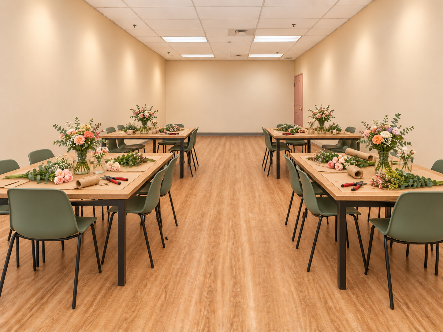 A room decorated for a flower arranging class with six tables set up with flower arrangements, floral supplies, and tools. The room has a light wood floor and plain walls, with chairs around the tables and a door at the back.
