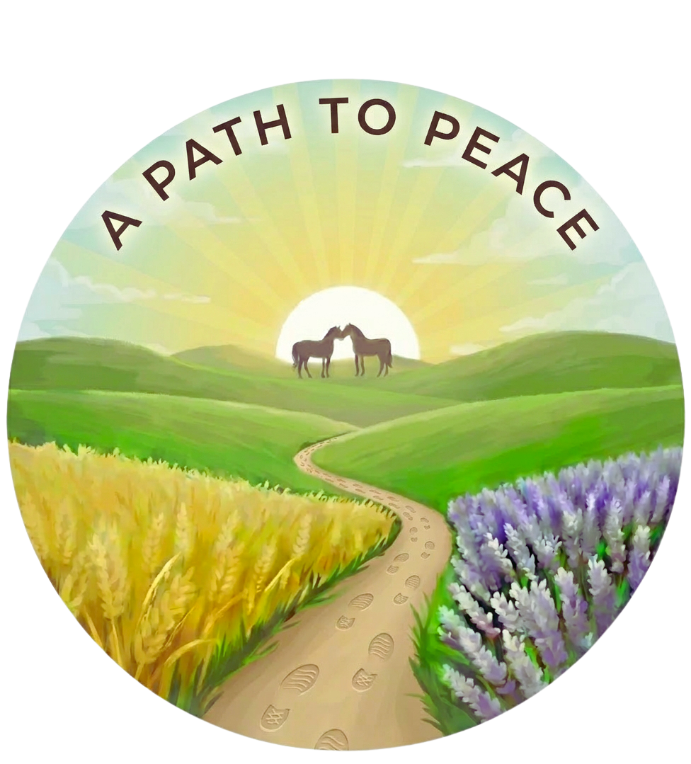Illustration of a dirt path leading through yellow wheat fields on the left and purple lavender fields on the right, toward green rolling hills with two horses touching noses under a sunrise, with the text "A PATH TO PEACE" curved along the top.