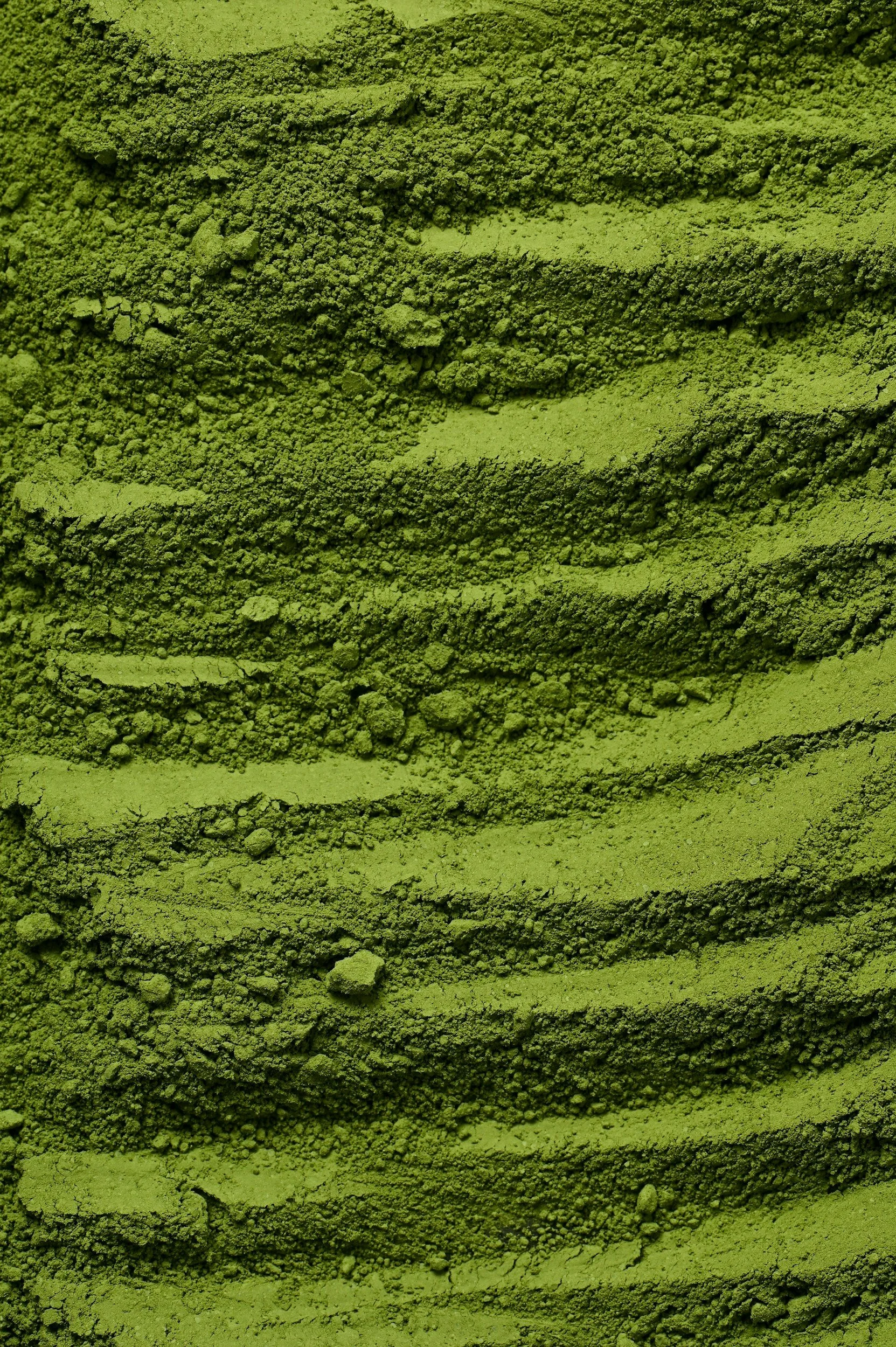 Close-up of green matcha powder layered in lines on a surface.