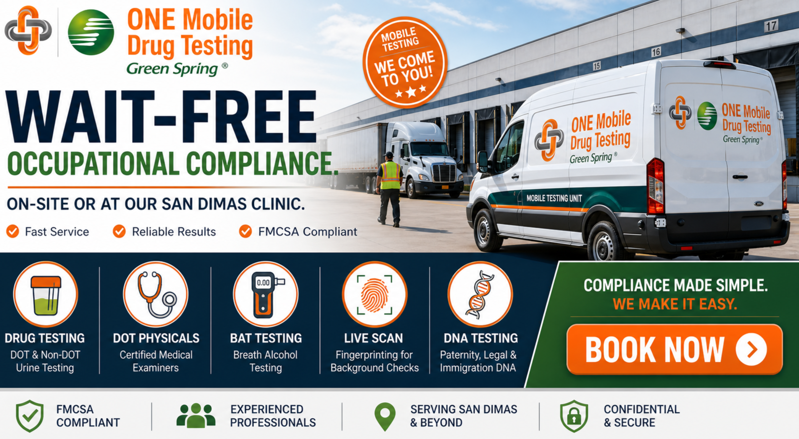ONE Mobile Drug Testing van arriving at a trucking facility, offering wait-free occupational compliance, DOT physicals, live scan fingerprinting, and mobile drug testing in San Dimas.
