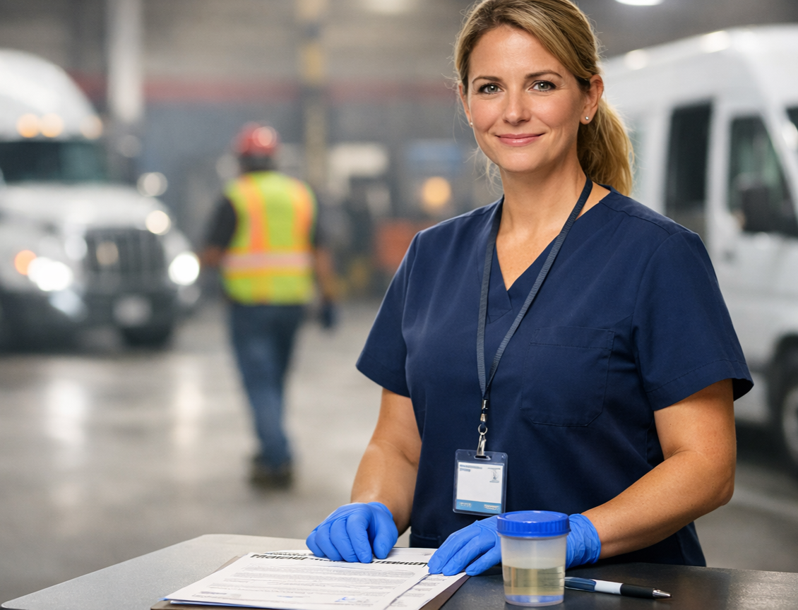 Certified medical professional performing a DOT-regulated urine collection and BATin San Dimas, CA