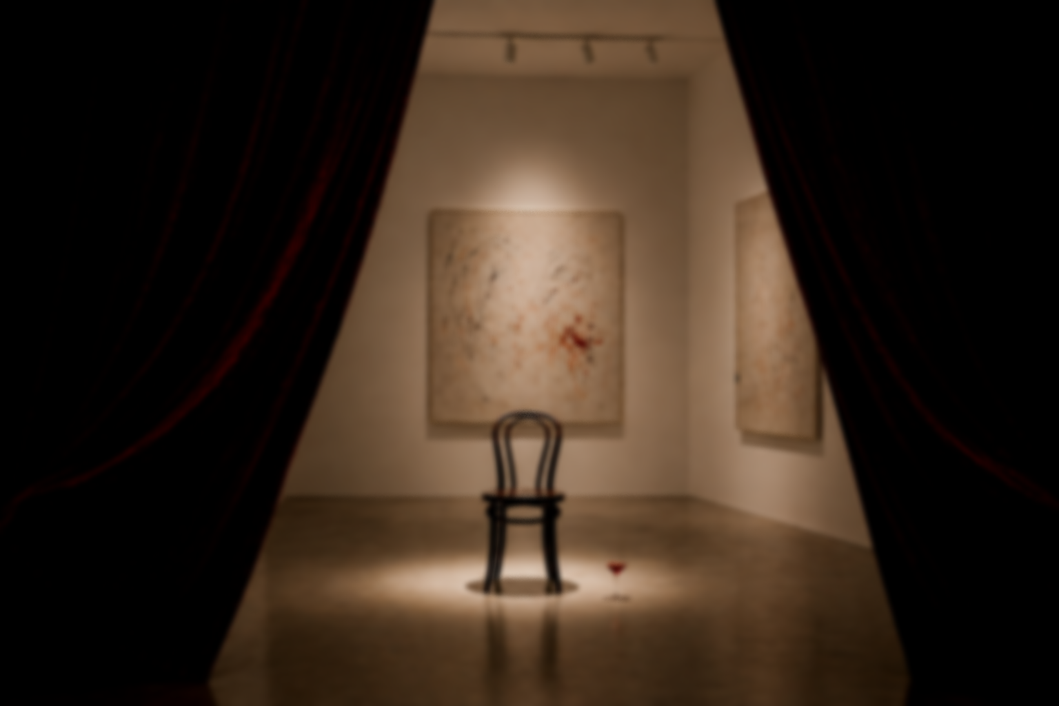 Conceptual Tinderbox Gallery interior with red curtains framing an intimate exhibition space.