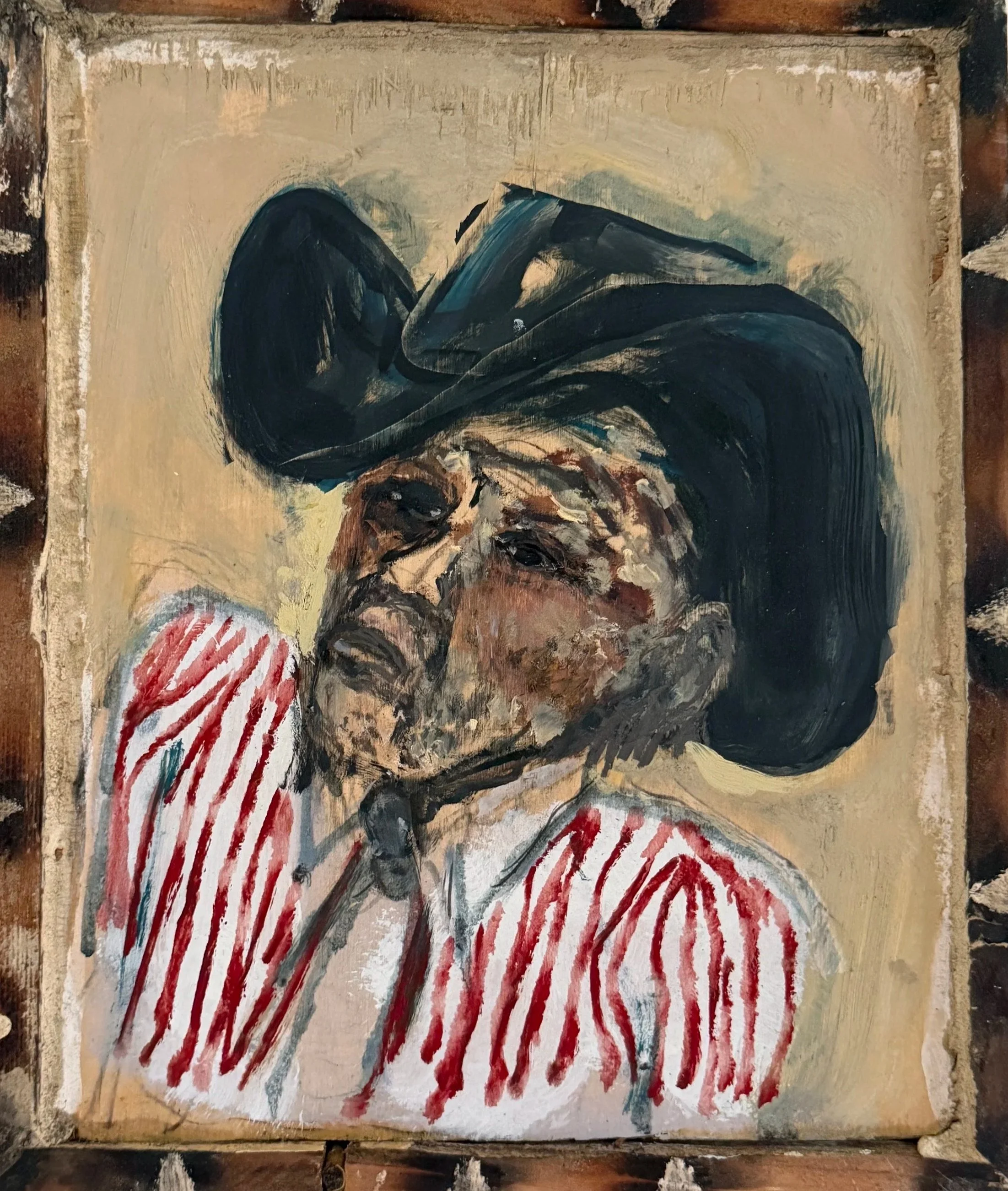 George Zupp painting Striped Cowboy, depicting a cowboy in a black hat and red-and-white striped shirt.