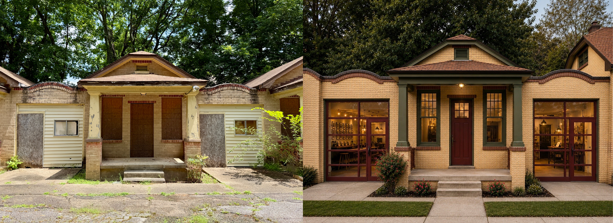 Bellaire Court historic rehabilitation in Hot Springs, Arkansas, shown before restoration and in a Tinderbox Studio architectural visualization.