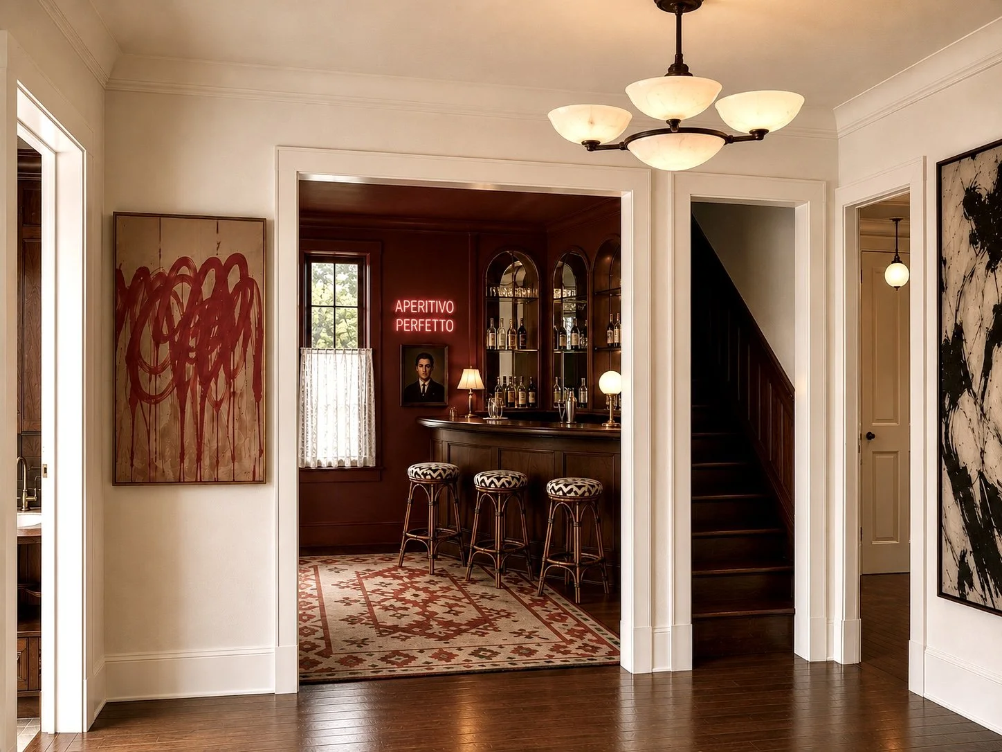 Architectural visualization of the Bellaire Court interior with a warm wood aperitivo bar, vintage lighting, and contemporary art.