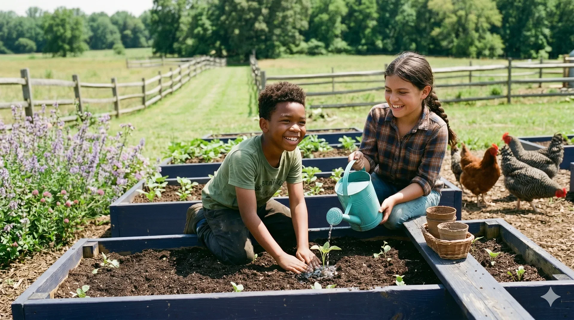 Two children gardening in an outdoor farm or garden, watering young plants in raised beds, with chickens roaming nearby, lush green trees and open fields in the background on a sunny day.