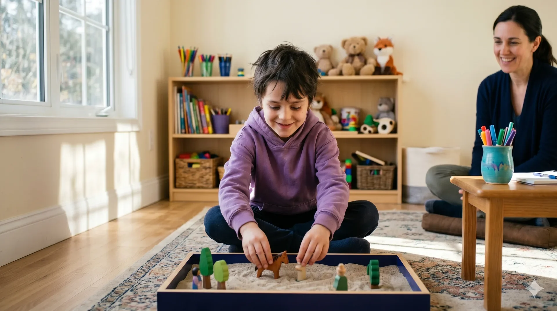 A boy playing with a wooden sandbox and toy animals, with a woman sitting nearby in a playroom filled with books, toys, and stuffed animals.