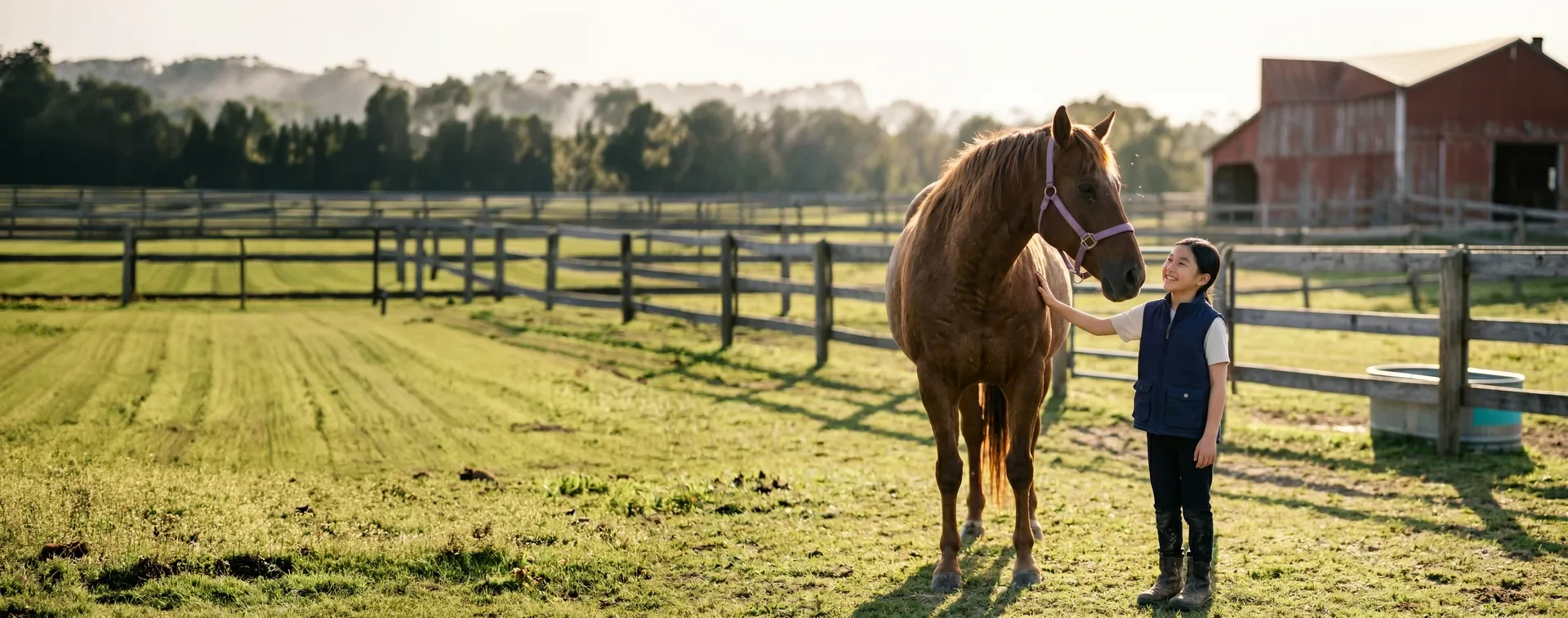 A young girl smiling and petting a brown horse in a fenced pasture at sunset.