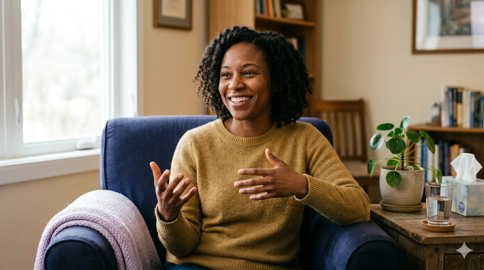 A woman with curly hair, wearing a mustard-colored sweater, smiling and gesturing with her hands while seated in a cozy, well-lit room with bookshelves, a plant, and a window.