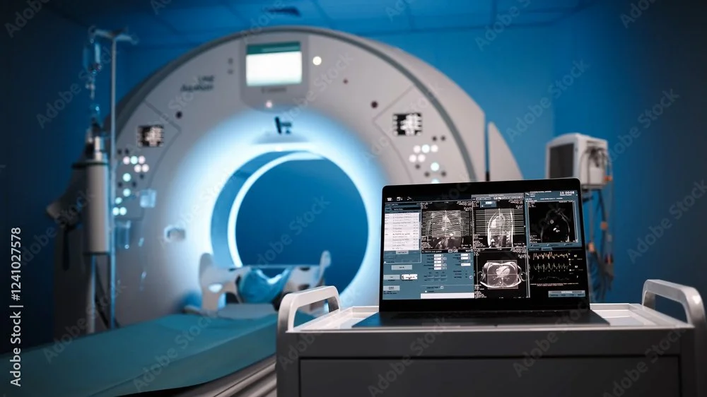 A medical imaging room with a large modern CT scan machine and a computer monitor displaying scan images.