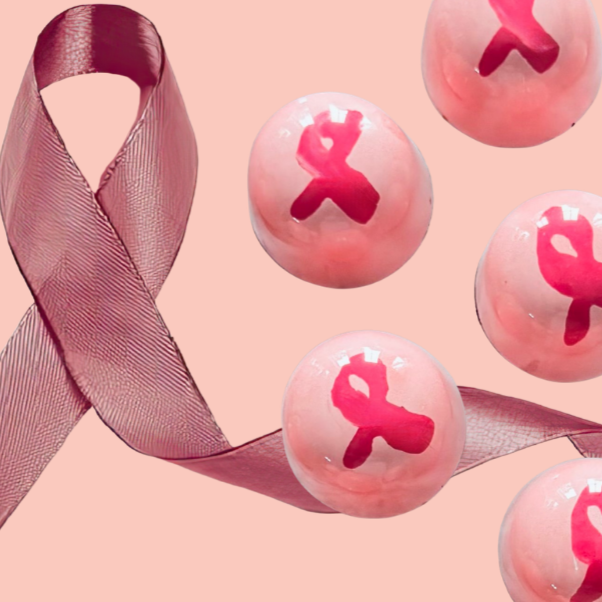 Pink ribbon and pink bonbons with pink cancer awareness ribbon symbols on a pink background.