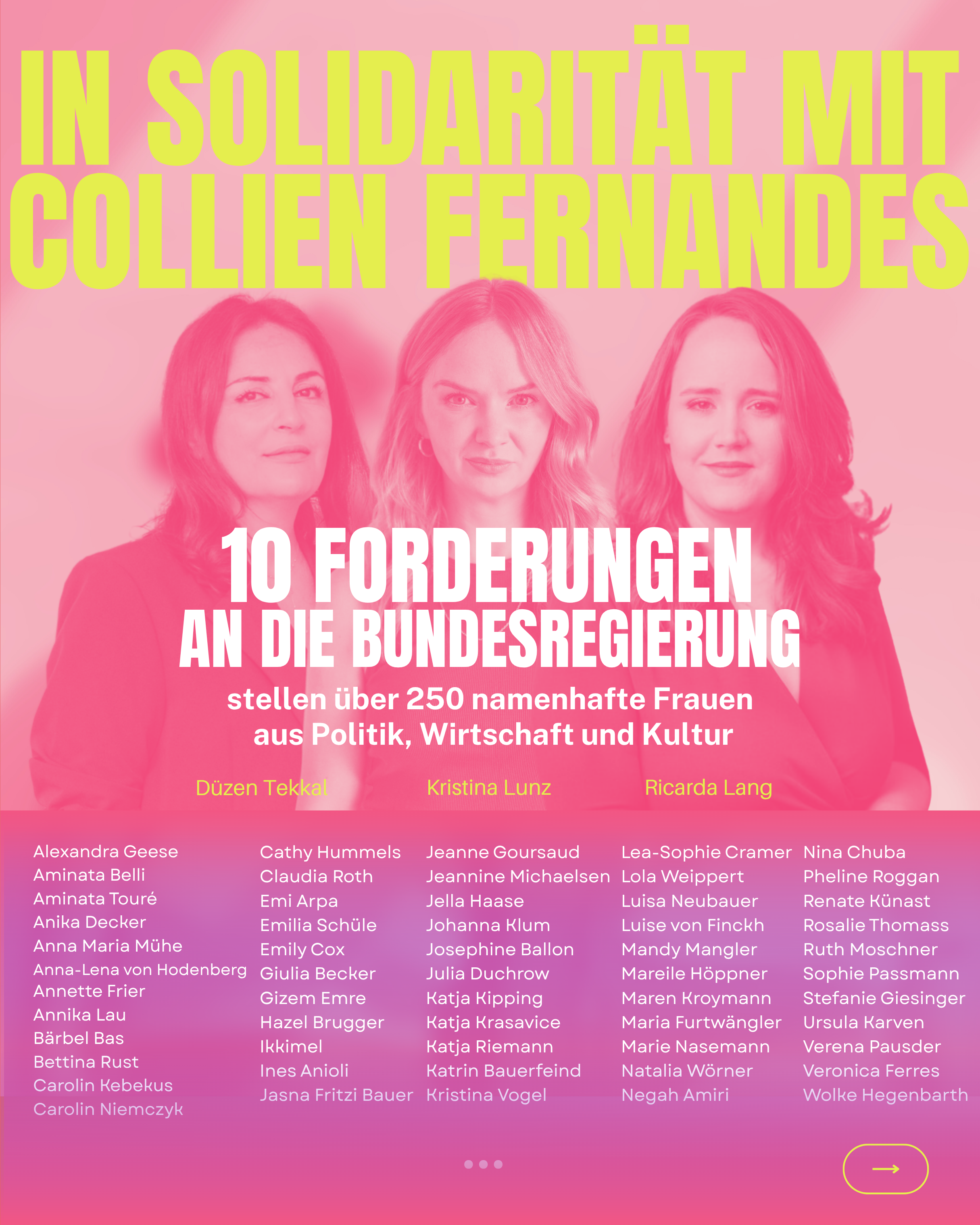 Kampagnen Visual von "In Solidarität mit Collien Fernandes" / Pinkes Visual zeigt Kristina Lunz, Düzen Tekkal & Ricarda Lang mit der Überschrift "10 Forderungen an die Bundesregierung"